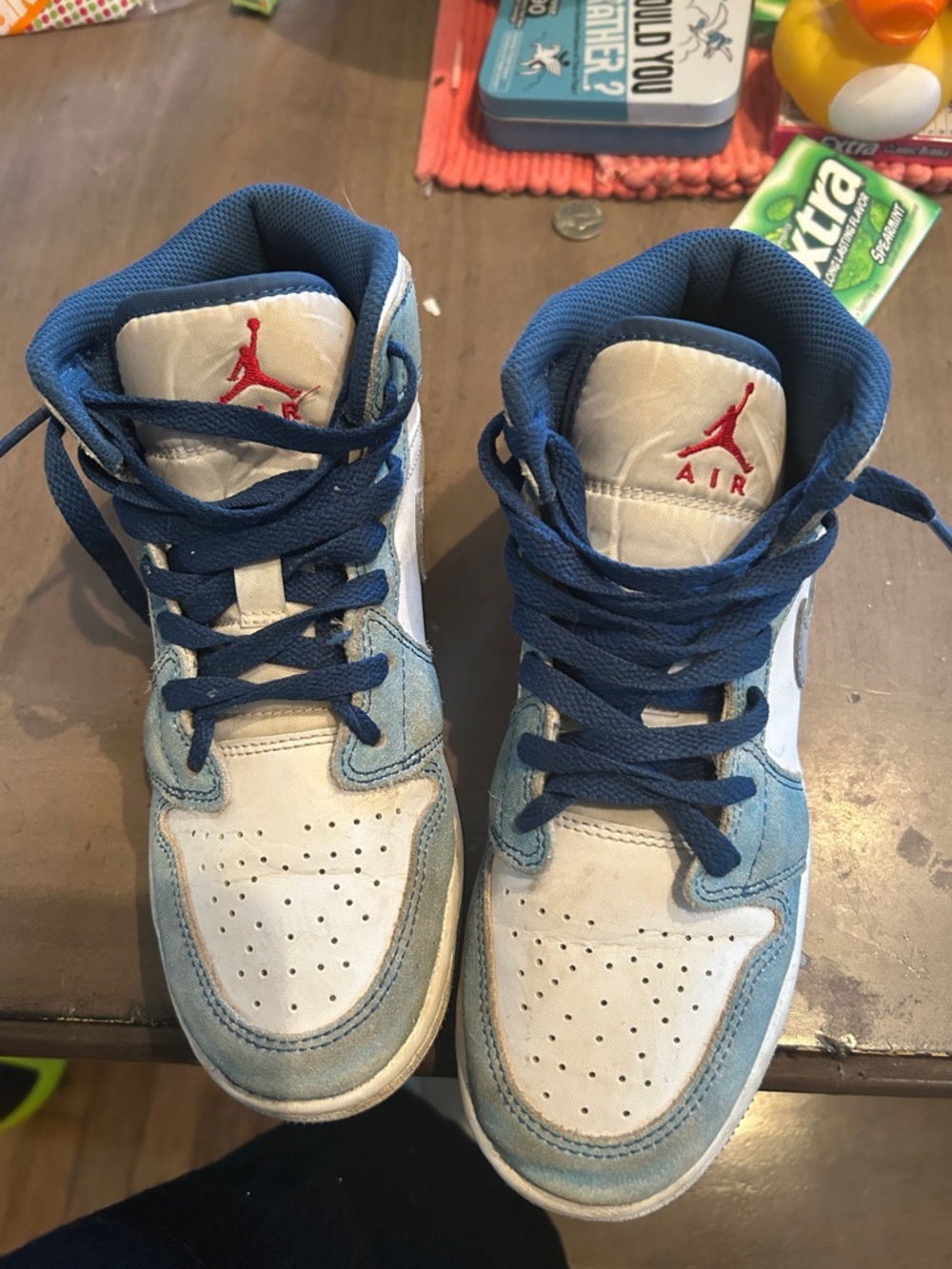 Jordan Kids High-Top Sneakers in White, Blue and Red and gray. Blue suede.
